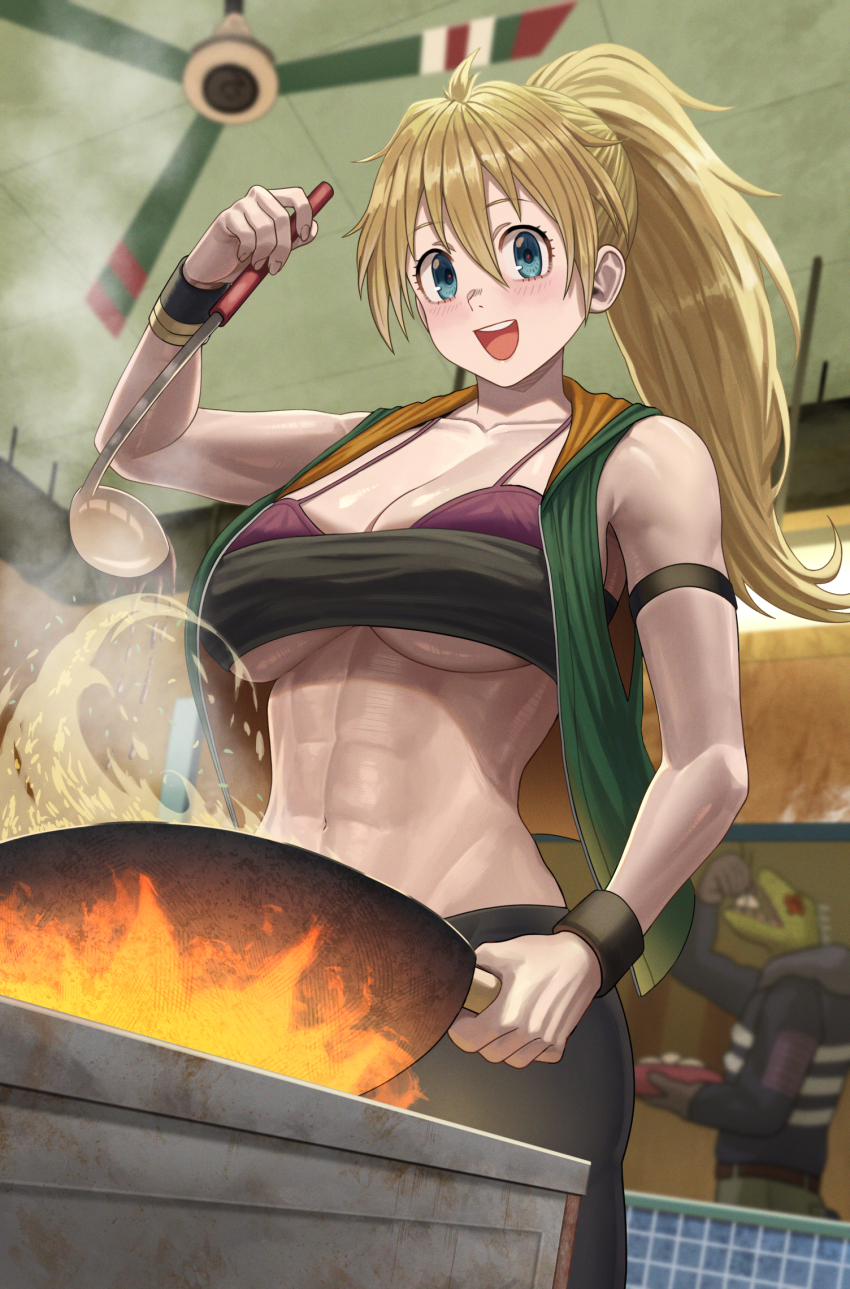 1boy 1girl :d abs blonde_hair blue_eyes bra breasts caiman_(dorohedoro) commentary_request cooking dorohedoro fire highres holding holding_ladle ladle large_breasts long_hair looking_at_viewer muscular muscular_female nikaidou_(dorohedoro) open_mouth ponytail reptile_boy silvertsuki smile solo_focus underwear wok