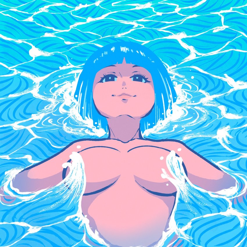 1girl akairiot black_eyes blue_hair blue_sclera blue_theme blunt_bangs breasts breasts_apart colored_sclera convenient_censoring highres kelda_(akairiot) liquid_hair medium_breasts original partially_submerged smile solo upper_body water water_censor waves