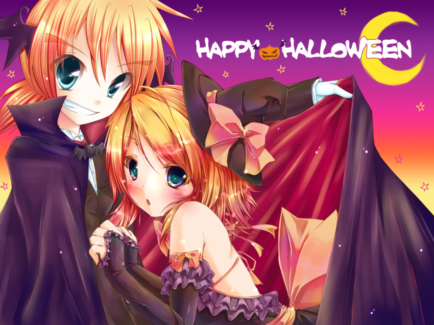 1boy 1girl blonde_hair blush brother_and_sister cape grin happy_halloween hat highres kagamine_len kagamine_rin looking_at_viewer meiya_neon siblings smile twins vocaloid