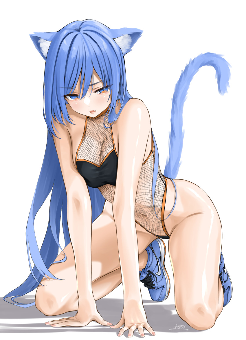 1girl animal_ears bae_minah_(chaesu) bare_arms blue_hair cat_ears cat_girl cat_tail chaesu fishnet_leotard fishnets kneeling leotard no_pants original solo tail