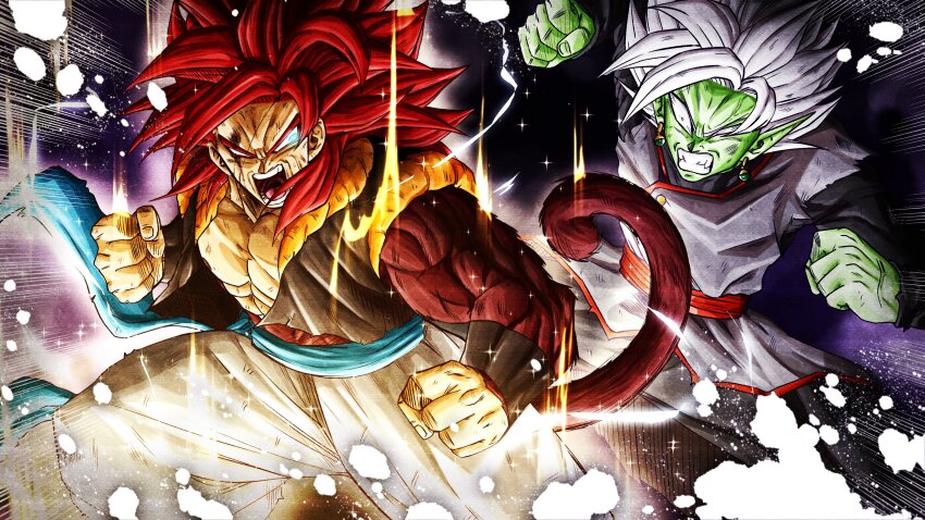 2boys absurdres anger_vein battle biceps black_bodysuit black_pants blood blood_on_face blue_eyes blue_sash body_fur bodysuit clenched_hands clenched_teeth colored_skin dragon_ball dragon_ball_gt dragon_ball_super earrings fused_zamasu gogeta green_skin grey_eyes highres jewelry koiketo long_sleeves metamoran_vest monkey_boy monkey_tail multiple_boys muscular muscular_male pants pectorals pointy_ears potara_earrings red_hair red_sash saiyan sash sharp_teeth shouting spiked_hair super_saiyan super_saiyan_4 tail teeth white_hair white_pants