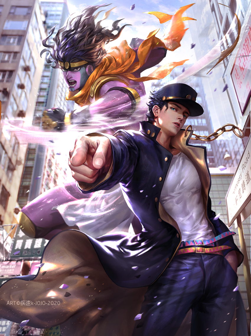 2boys belt black_eyes black_hair blue_hair chain fabulous fighting_stance gakuran green_eyes hat highres jojo_no_kimyou_na_bouken kdash kujo_jotaro&#039;s_pose_(jojo) kuujou_joutarou long_coat male_focus multiple_boys pants pointing pointing_at_viewer school_uniform stand_(jojo) star_platinum