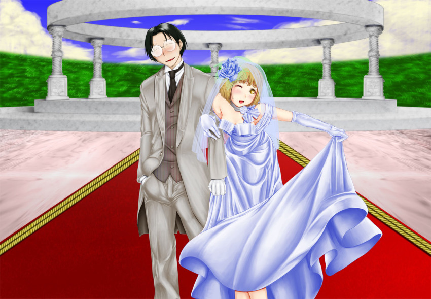 1boy 1girl black_hair blonde_hair blush breasts cleavage dress closed_eyes formal gender_request genderswap genshiken glasses gloves hato_kenjirou kuroki_masato long_dress madarame_harunobu necktie one_eye_closed otaku short_hair skirt_hold suit wedding wedding_dress