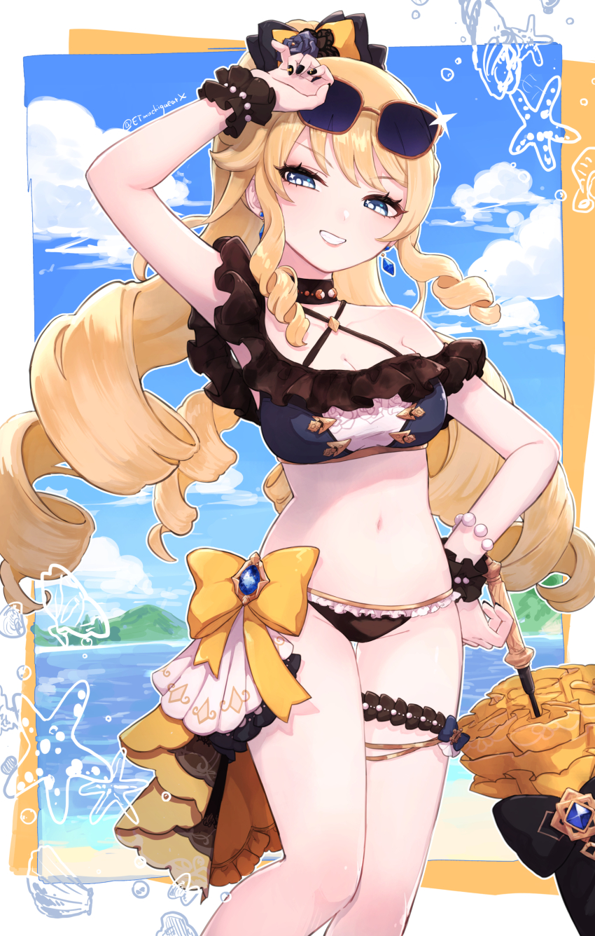 1girl absurdres alternate_costume arm_up beach bikini black_bikini black_bow black_choker black_flower black_nails black_panties black_sleeve_cuffs blonde_hair blue_eyes blue_sky bow breasts choker cleavage cloud commentary_request drill_hair earrings etmachigaeatx eyewear_on_head fingernails flower frilled_bikini frilled_panties frills genshin_impact grin hair_bow hair_flower hair_ornament hand_on_own_hip highres jewelry long_hair looking_at_viewer medium_breasts midriff nail_art nail_polish navel navia_(genshin_impact) outdoors panties single_bare_shoulder sky smile solo stomach sunglasses swimsuit teeth thigh_strap thighlet tinted_eyewear umbrella underwear very_long_hair yellow-framed_eyewear yellow_bow