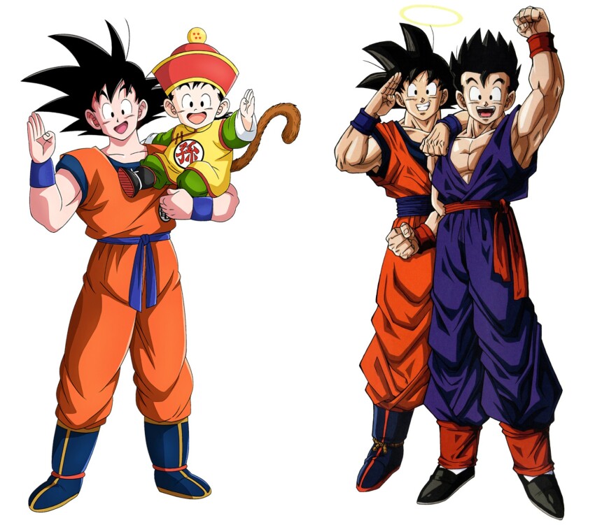 age_progression black_eyes black_hair dragon_ball father_and_son greeting happy highres muscular smile son_gohan son_goku tagme