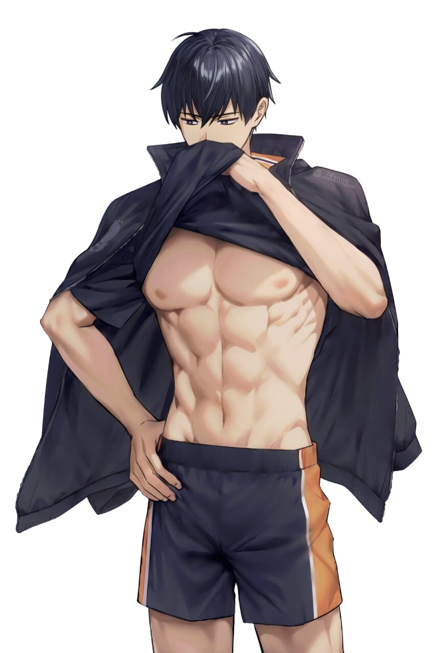 1boy abs black_hair black_jacket clothes_lift commentary cowboy_shot haikyuu!! hand_on_own_hip highres iyo039 jacket jacket_on_shoulders kageyama_tobio karasuno_volleyball_uniform lifting_own_clothes male_focus navel nipples number-only_commentary open_clothes open_jacket pectorals shirt shirt_lift short_hair shorts simple_background solo sportswear standing toned toned_male twitter_username volleyball_uniform white_background