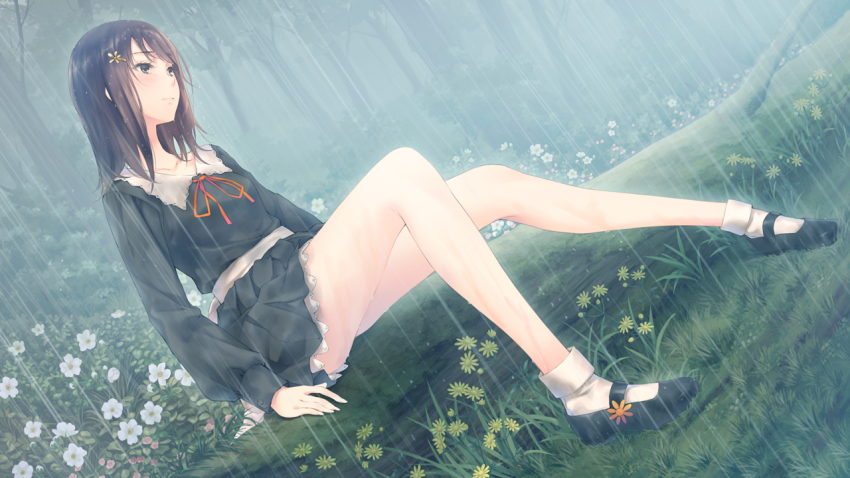 1girl black_eyes brown_hair closed_mouth collarbone dress female_focus flower flowers_(innocent_grey) game_cg hair_flower hair_ornament kousaka_mayuri mary_janes rain shoes sitting socks solo straight_hair sugina_miki wet white_socks