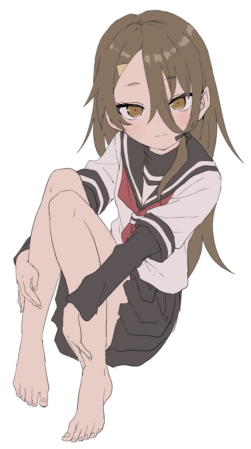 1girl absurdres barefoot black_ribbon black_sailor_collar black_skirt blush brown_eyes brown_hair closed_mouth commentary_request hair_between_eyes hair_ribbon highres legs long_hair long_sleeves looking_at_viewer mikage_sakurako neckerchief red_neckerchief ribbon sailor_collar school_uniform serafuku shirt simple_background sitting skirt solo soredemo_ayumu_wa_yosetekuru toenails toes white_background white_shirt yamamoto_souichirou