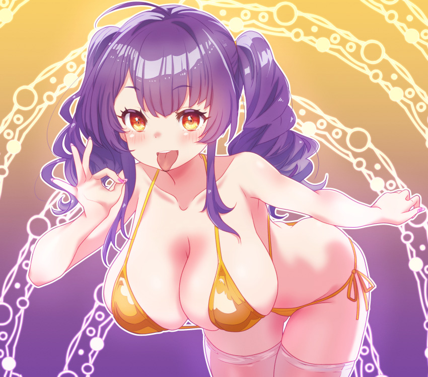 1girl arbiter1 azur_lane bent_over bikini blush breasts cleavage fellatio_gesture hanging_breasts highres large_breasts long_hair looking_at_viewer o-ring o-ring_bikini official_alternate_costume pola_(azur_lane) pola_(seaside_coincidence)_(azur_lane) purple_hair red_eyes starfish swimsuit thighhighs tongue tongue_out twintails white_thighhighs yellow_bikini