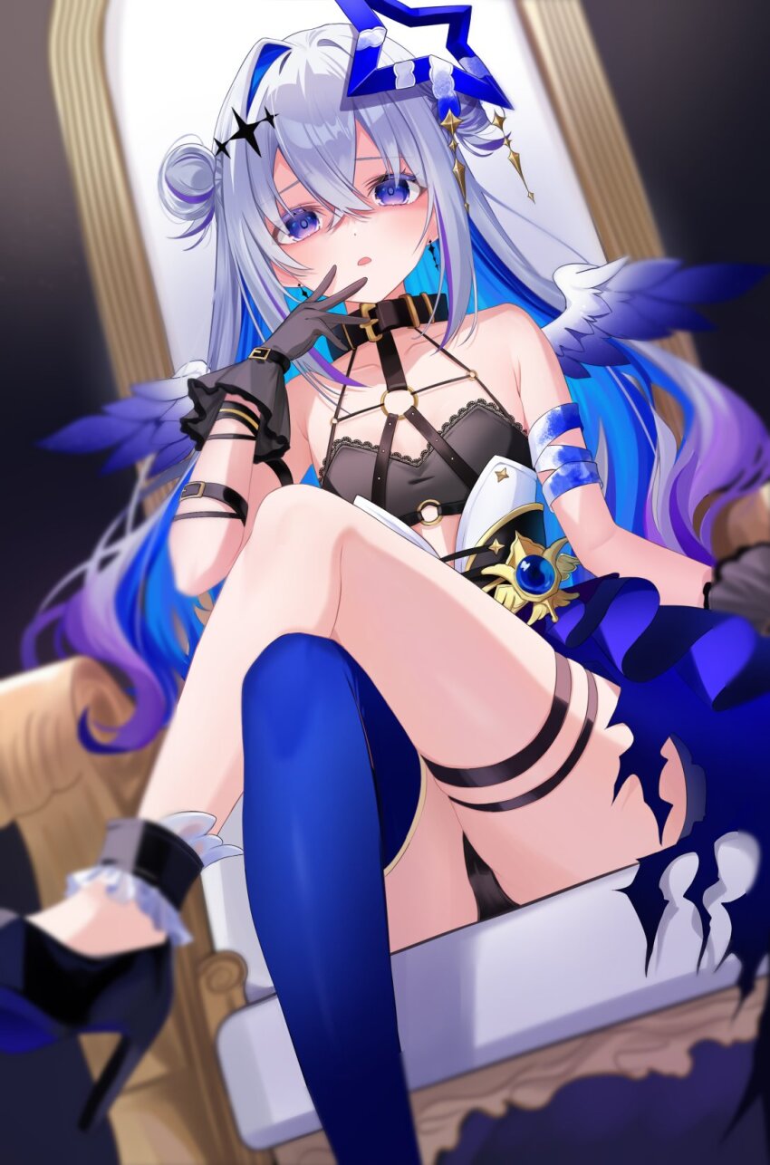 1girl amane_kanata amane_kanata_(another_world) ankle_garter arm_strap bandaged_arm bandages bare_shoulders black_bra black_collar black_gloves black_panties black_shoes blue_hair blue_halo blue_skirt blue_thighhighs blue_wings bra chest_harness collar colored_inner_hair crossed_bangs crossed_legs double_bun feathered_wings gloves gradient_hair gradient_wings grey_hair grey_wings hair_between_eyes hair_bun halo hand_up harness high-waist_skirt high_heels highres hololive lace lace-trimmed_bra lace_trim layered_skirt long_hair looking_at_viewer miniskirt multicolored_hair multicolored_wings o-ring o-ring_harness o-ring_top official_alternate_costume official_alternate_hairstyle open_mouth overskirt panties pantyshot purple_eyes purple_hair shaded_face shoes single_hair_intake single_thighhigh sitting sitting_on_throne skirt solo star_halo streaked_hair thigh_strap thighhighs torn_clothes torn_skirt uekana9 underwear virtual_youtuber wings