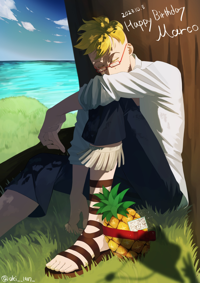 1boy absurdres aki_1907 beard_stubble blonde_hair blue_sky character_name closed_eyes commentary_request dated facial_hair food fruit glasses happy_birthday highres male_focus marco_(one_piece) ocean one_piece outdoors pineapple sandals shirt short_hair shorts sitting sky sleeping solo stubble twitter_username white_shirt