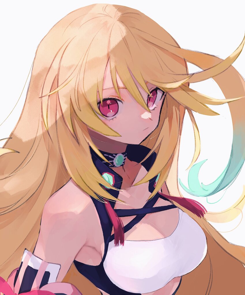 1girl absurdres ahoge blonde_hair breasts choker closed_mouth dyed_ahoge eyelashes gradient_hair green_hair highres long_hair medium_breasts milla_maxwell multicolored_hair nancykittyu red_eyes shirt solo strapless tales_of_(series) tales_of_xillia taut_clothes taut_shirt tube_top white_background