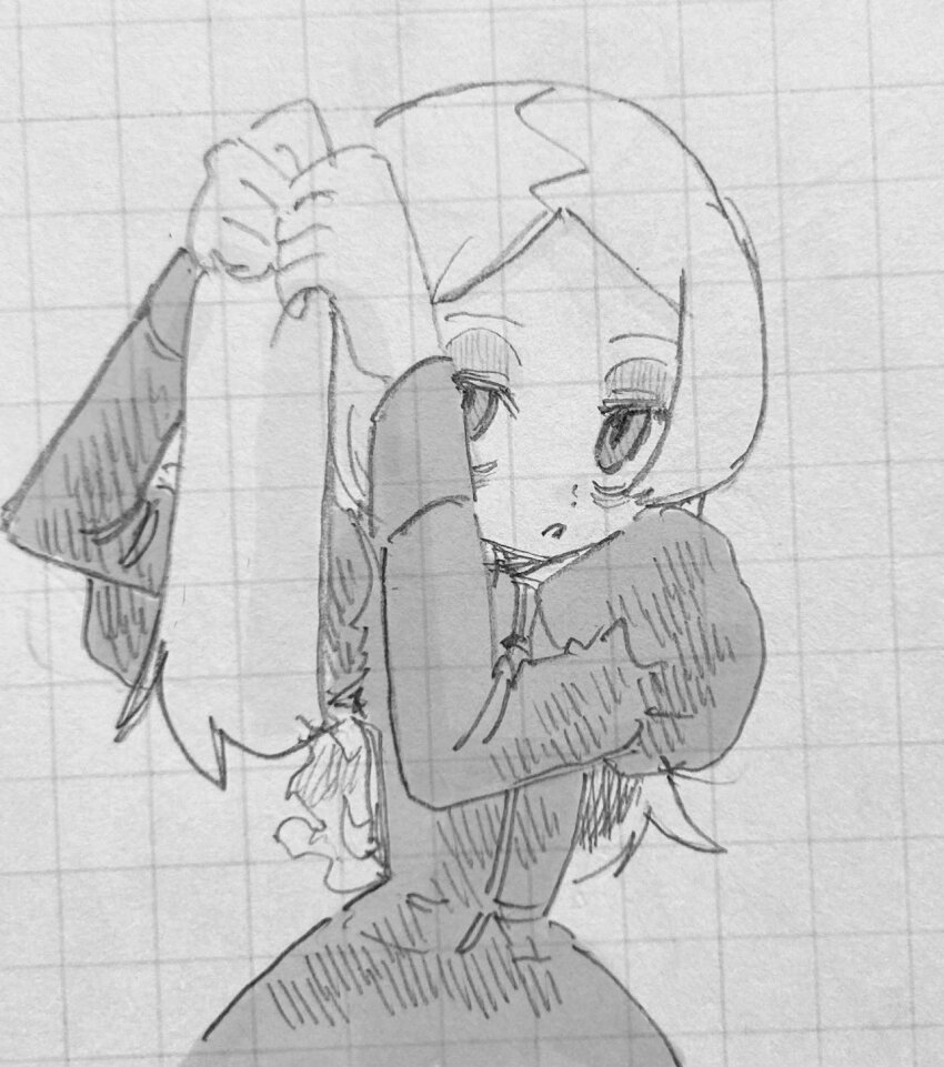 1girl adjusting_hair bags_under_eyes bloody_marie_(skullgirls) graph_paper greyscale grid half-closed_eyes highres juliet_sleeves long_hair long_sleeves monochrome pencil puffy_sleeves ryantoruhuhu skullgirls solo traditional_media tying_hair upper_body