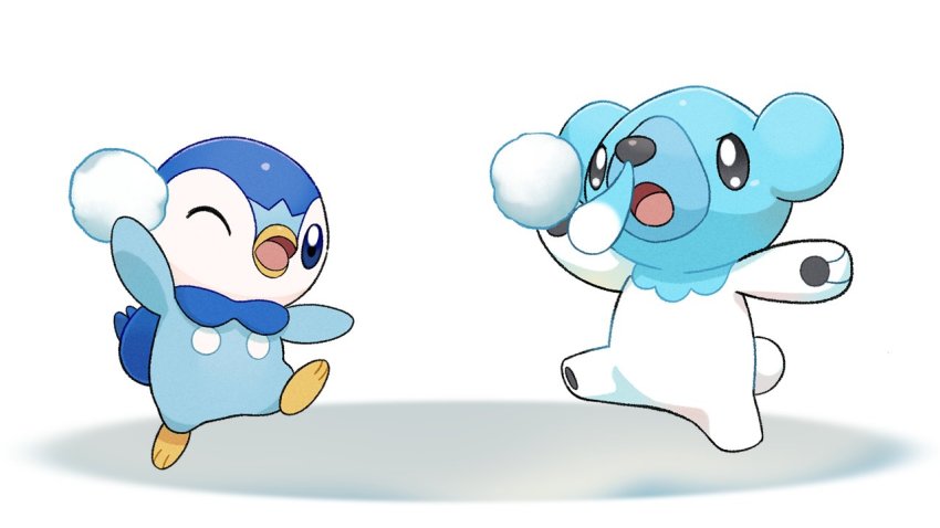 blue_eyes commentary_request creatures_(company) cubchoo game_freak gen_4_pokemon gen_5_pokemon holding leg_up nintendo no_humans official_art one_eye_closed open_mouth piplup pokemon pokemon_(creature) project_pochama snowball standing standing_on_one_leg toes tongue white_background