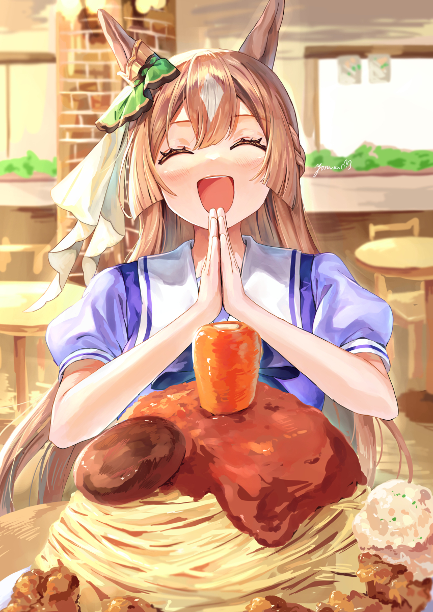 1girl absurdres animal_ears blurry blurry_background blush breasts brown_hair carrot closed_eyes collarbone commentary_request food hair_between_eyes hair_ornament highres horse_ears horse_tail medium_breasts open_mouth pasta satono_diamond_(umamusume) school_uniform solo spaghetti table tail tracen_school_uniform umamusume yoru_usagi