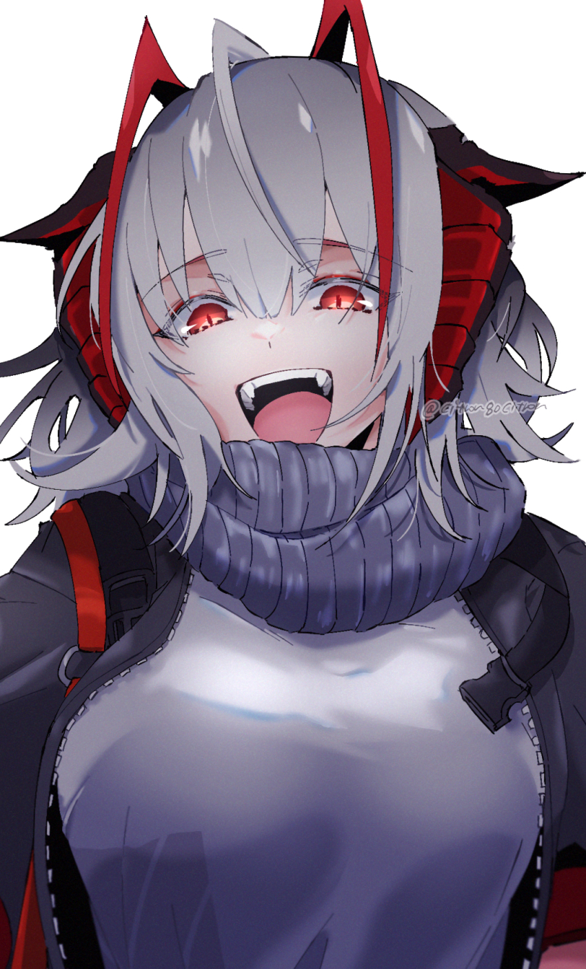 1girl :d antenna_hair arknights black_jacket breasts citron80citron fangs grey_hair grey_scarf hair_between_eyes highres horns jacket looking_at_viewer open_clothes open_jacket open_mouth red_eyes red_horns round_teeth scarf shirt short_hair slit_pupils smile teeth upper_body w_(arknights) white_background white_shirt