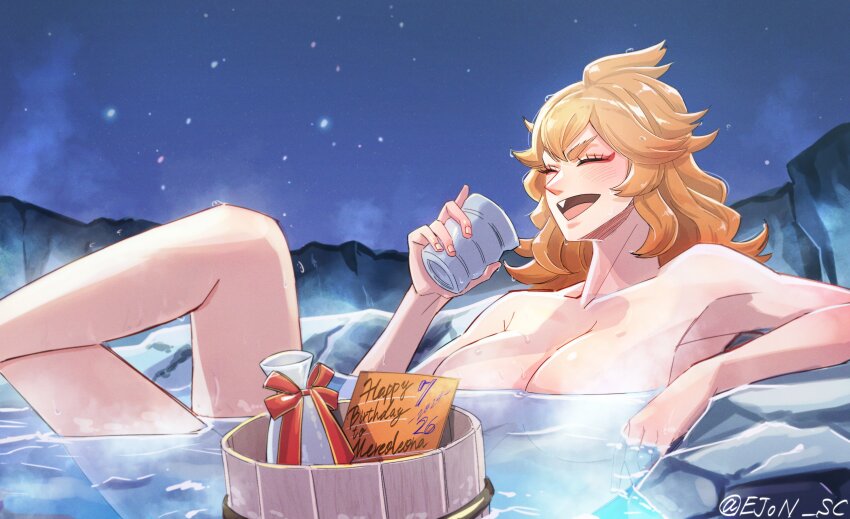 1girl absurdres bare_shoulders black_clover breasts cleavage collarbone highres large_breasts mereoleona_vermillion night night_sky partially_submerged sky solo towel water