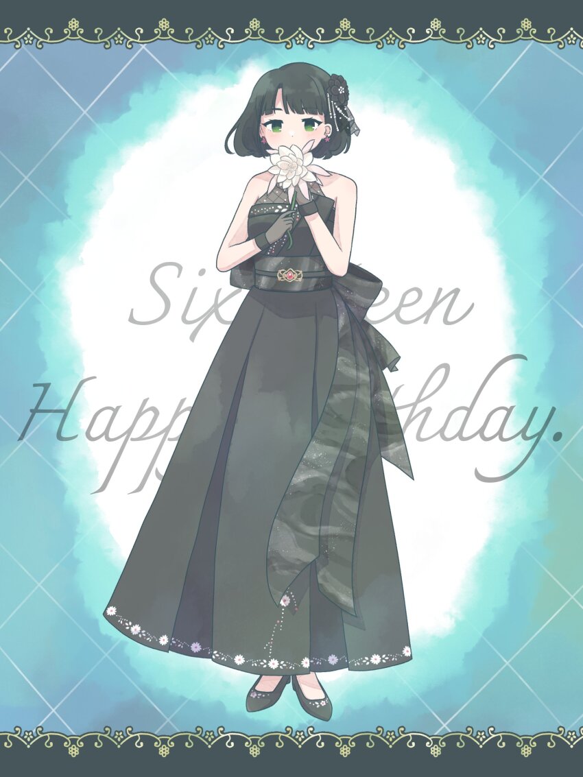 1girl absurdres bare_shoulders black_dress black_flower black_footwear black_gloves black_hair blue_background blunt_bangs blunt_ends character_age commentary_request covering_own_mouth dress flower full_body gloves green_eyes hair_flower hair_ornament happy_birthday highres holding holding_flower link!_like!_love_live! long_dress looking_at_viewer love_live! miyaco_(shirataki_168) momose_ginko momose_ginko_(16th_birthday) official_alternate_costume shoes short_hair sleeveless sleeveless_dress solo virtual_youtuber white_background white_flower