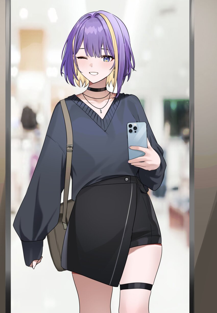 1girl bag black_choker black_skirt black_sweater blonde_hair blue_eyes blurry blurry_background brown_bag cellphone chianguin choker collarbone commentary earrings hievasp highres holding holding_phone indie_virtual_youtuber jewelry long_sleeves looking_at_viewer mirror_selfie multicolored_hair necklace one_eye_closed phone purple_hair short_hair shoulder_bag skirt smartphone smile solo standing streaked_hair sweater symbol-only_commentary thigh_strap virtual_youtuber