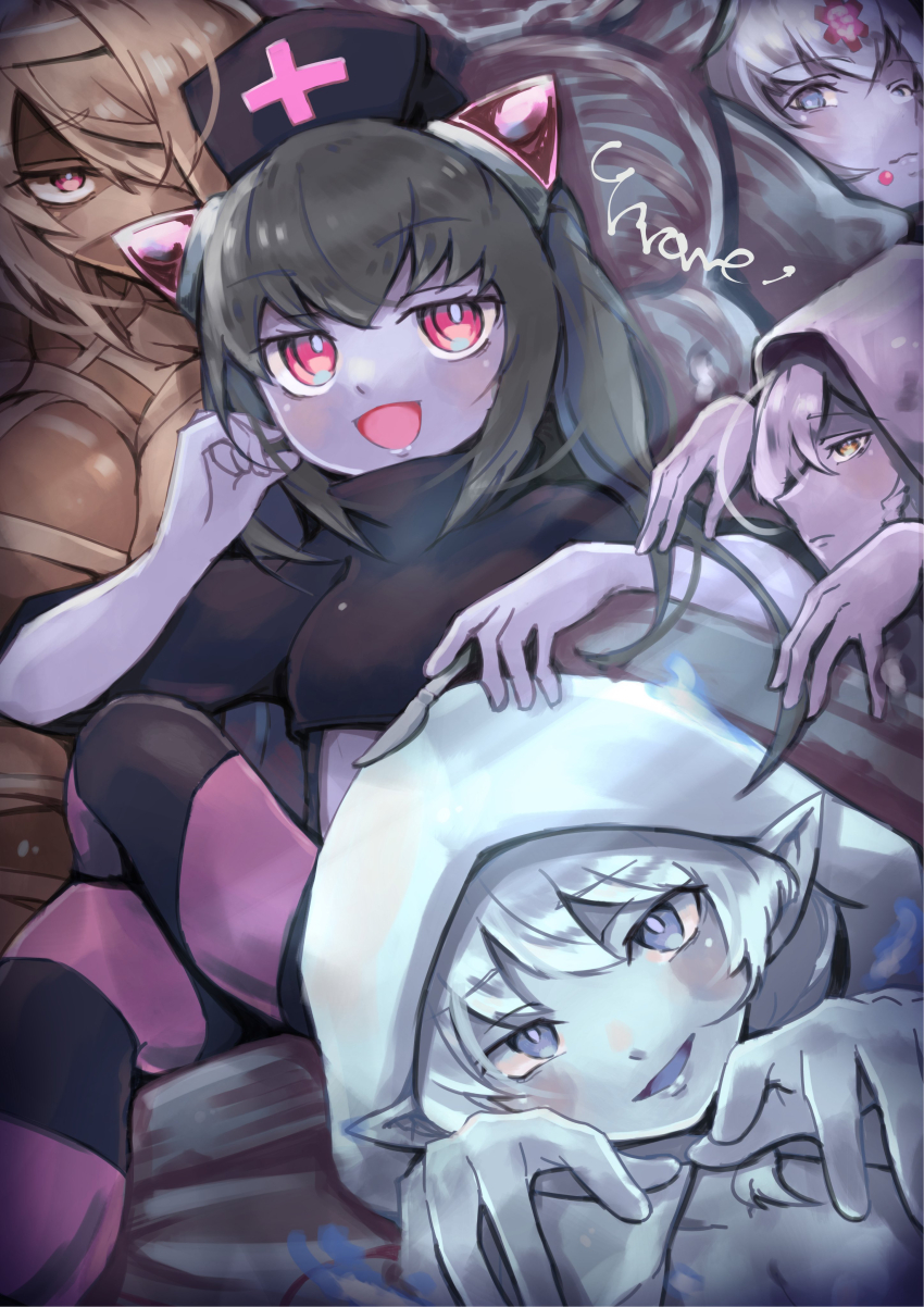 5girls :d absurdres bandages black_hair black_shirt blue_eyes blue_hair blue_hood blue_skin breasts character_name check_commentary chrome_(mon-musu_quest!) cleavage closed_mouth colored_skin commentary_request crop_top cross crossed_legs dark_skin demon_girl frederika_(mon-musu_quest!) ghost ghost_pose hair_between_eyes hair_over_one_eye hat highres hood hood_up horizontal-striped_thighhighs horns kawahara0527 la_croix large_breasts light_brown_hair long_hair long_sleeves looking_at_viewer mon-musu_quest! multiple_girls naked_bandage nurse_cap open_mouth partial_commentary pink_eyes pink_horns pink_thighhighs pointy_ears puffy_short_sleeves puffy_sleeves purple_hair purple_hood purple_skin purple_thighhighs red_cross ringed_eyes rit_(mon-musu_quest!) shirt short_sleeves siblings sisters sitting sitting_on_throne small_breasts smile spi_(mon-musu_quest!) star_of_life striped_clothes striped_thighhighs suspenders thighhighs twintails very_long_hair white_hair yellow_eyes zombie