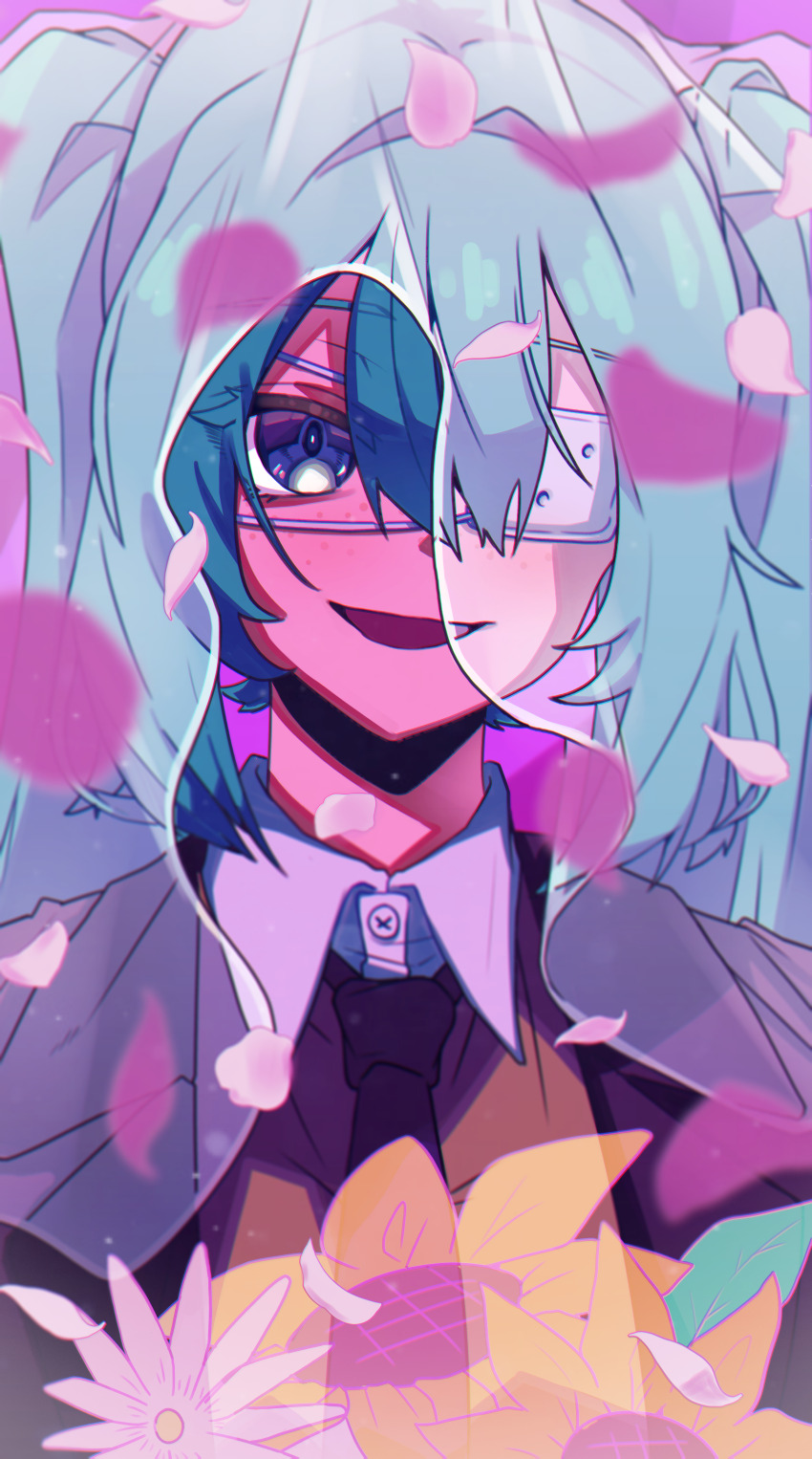 1girl absurdres aqua_hair black_jacket black_necktie blue_eyes bouquet bridal_veil brown_sweater_vest collared_shirt eyepatch falling_petals flower freckles hair_between_eyes hatsune_miku highres hisashi_punch holding holding_bouquet jacket long_hair looking_at_viewer medical_eyepatch monitoring_(vocaloid) necktie open_clothes open_jacket open_mouth petals shirt solo sweater_vest twintails upper_body veil vocaloid white_shirt