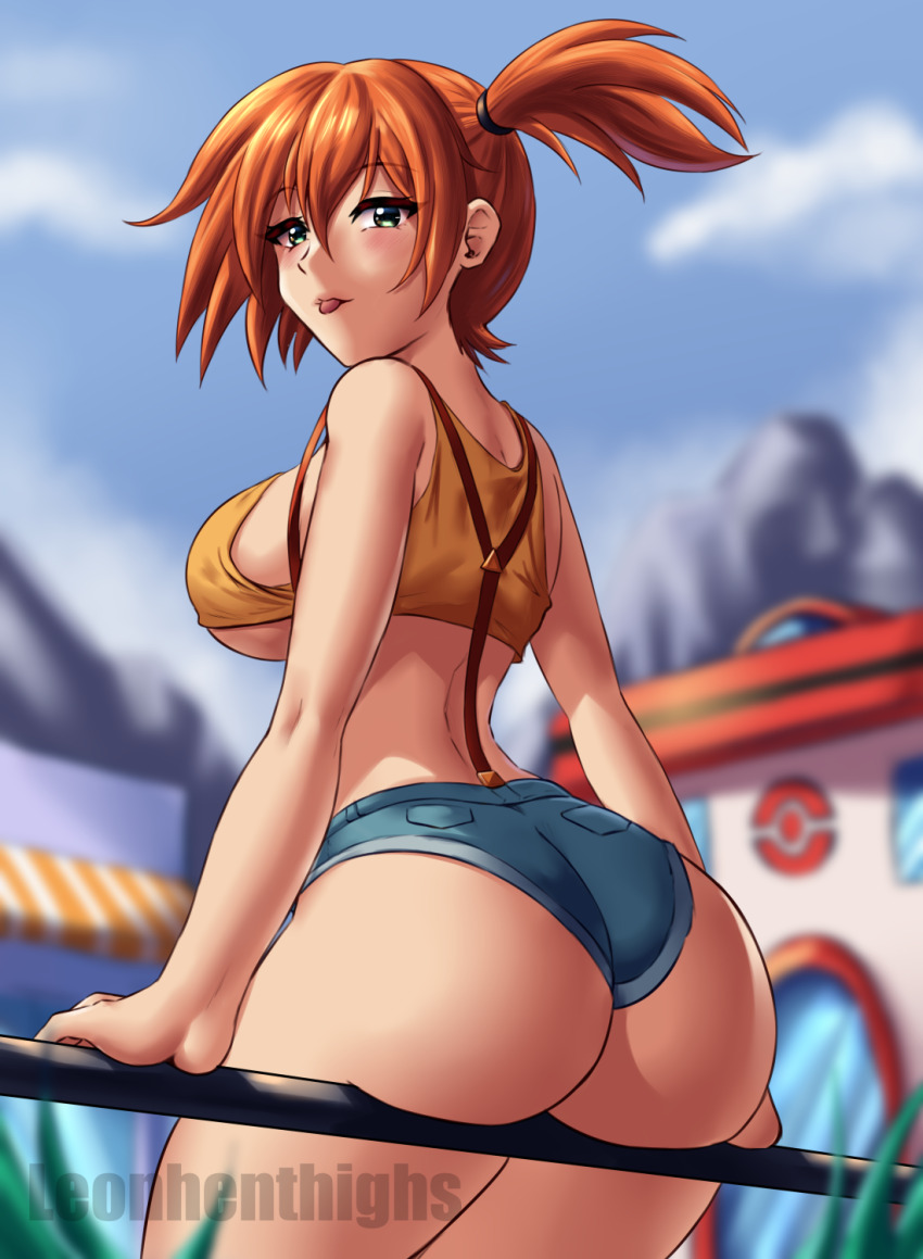 1girl :p arm_support ass asymmetrical_hair bare_arms bare_shoulders blue_sky blurry blush breasts cloud creatures_(company) crop_top day denim denim_shorts female_focus from_behind game_freak gen_1_pokemon green_eyes gym_leader hair_between_eyes highres huge_ass large_breasts legs leonart looking_at_viewer looking_back micro_shorts midriff misty_(pokemon) nintendo orange_hair outdoors pokemon pokemon_(anime) pokemon_(classic_anime) ponytail shirt short_hair short_shorts shorts side_ponytail sideboob sitting sky sleeveless solo suspender_shorts suspenders tank_top thick_thighs thighs tongue tongue_out underboob wide_hips yellow_shirt yellow_tank_top