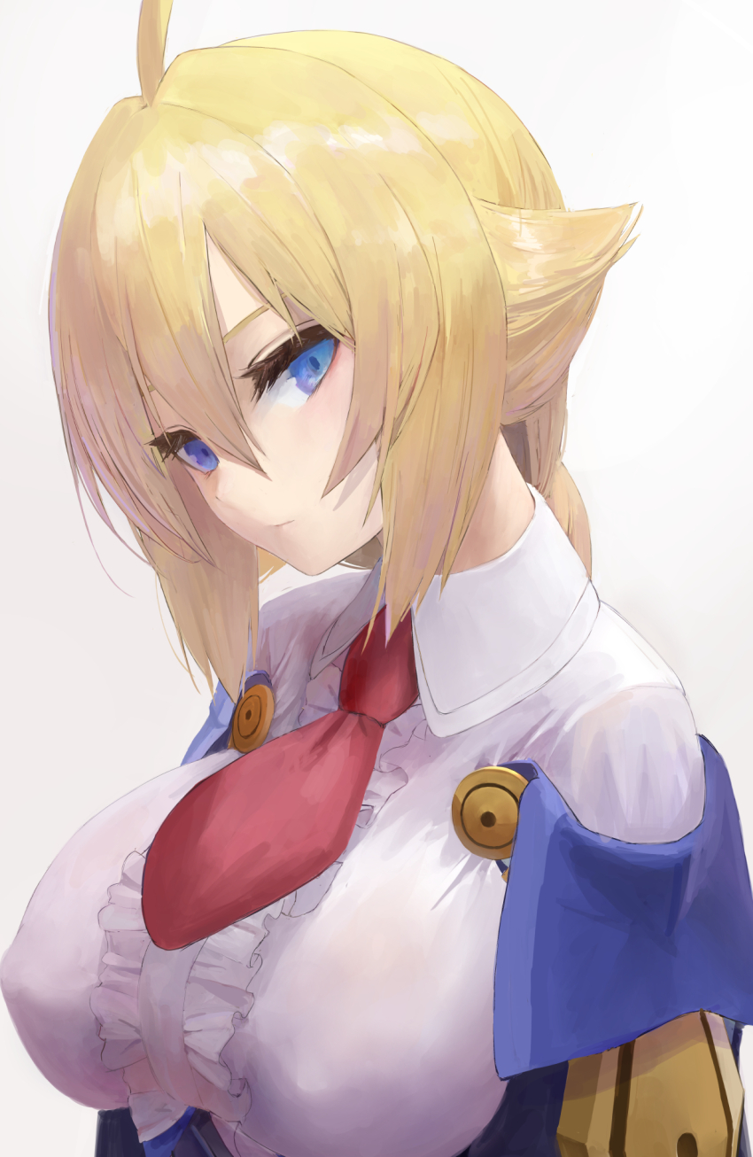 1girl ahoge blazblue blazblue:_central_fiction blonde_hair blue_eyes braid braided_ponytail breasts closed_mouth dress es_(xblaze) frilled_dress frills highres kaeru_(meriruou) large_breasts looking_at_viewer necktie red_necktie upper_body white_background xblaze