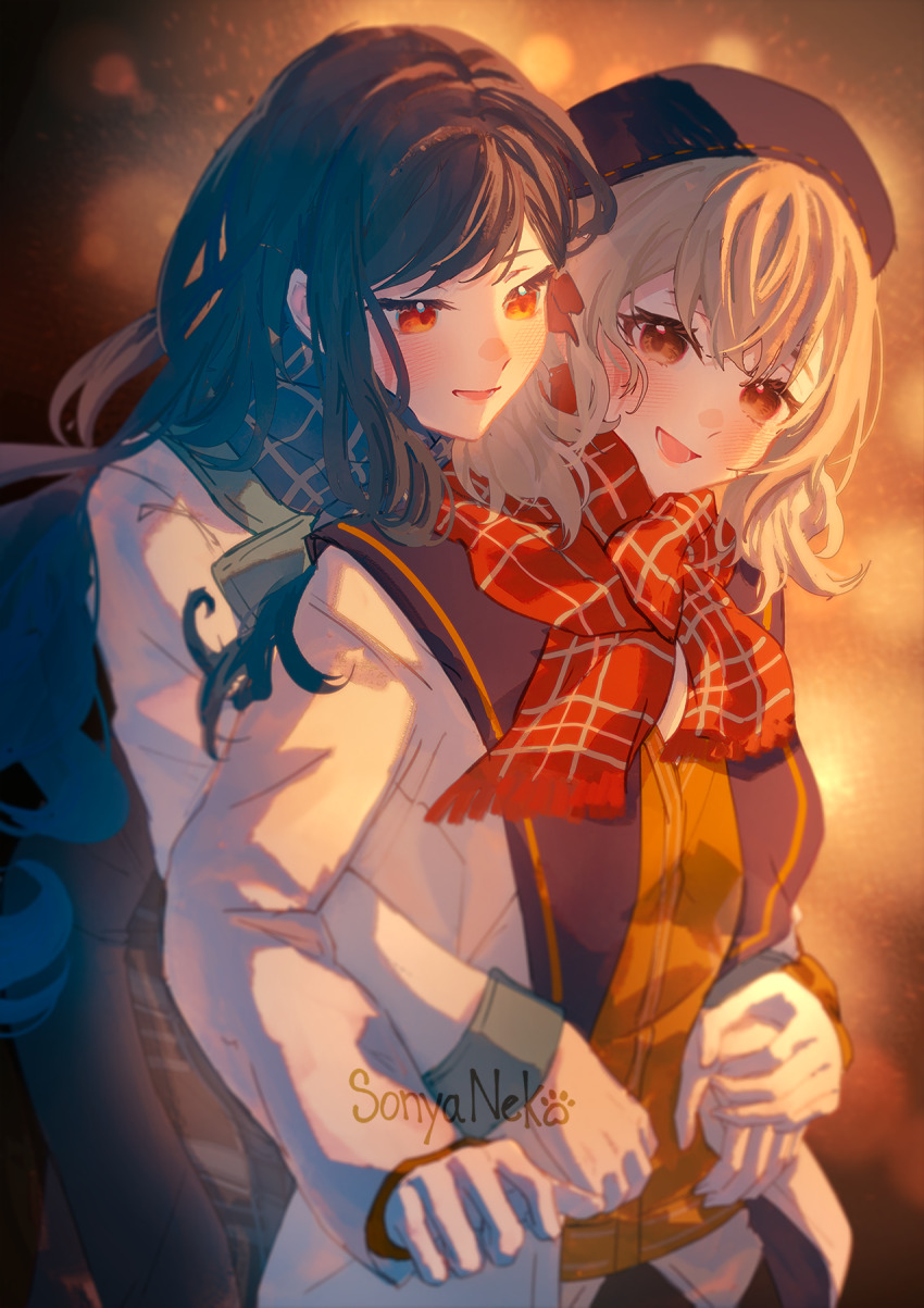 2girls artist_name azusawa_kohane beret blonde_hair blue_hair blue_scarf english_text hand_on_another&#039;s_hand hand_on_another&#039;s_waist hands_on_another&#039;s_waist hat highres jacket long_hair looking_at_another looking_at_viewer multiple_girls orange_vest plaid_clothes plaid_scarf project_sekai red_eyes red_scarf scarf shiraishi_an sonyaneko vest vivid_bad_squad_(project_sekai) watermark white_jacket yuri