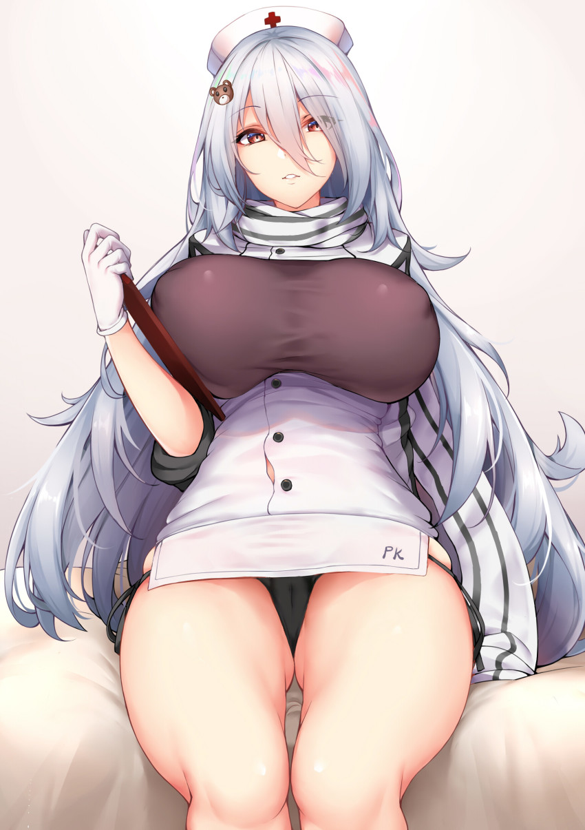 1girl absurdres bear_hair_ornament breasts brown_eyes chixiao clipboard girls&#039;_frontline gloves hair_between_eyes hair_ornament hat highres large_breasts latex latex_gloves looking_at_viewer nurse nurse_cap panties pantyshot parted_lips pk_(girls&#039;_frontline) silver_hair underwear