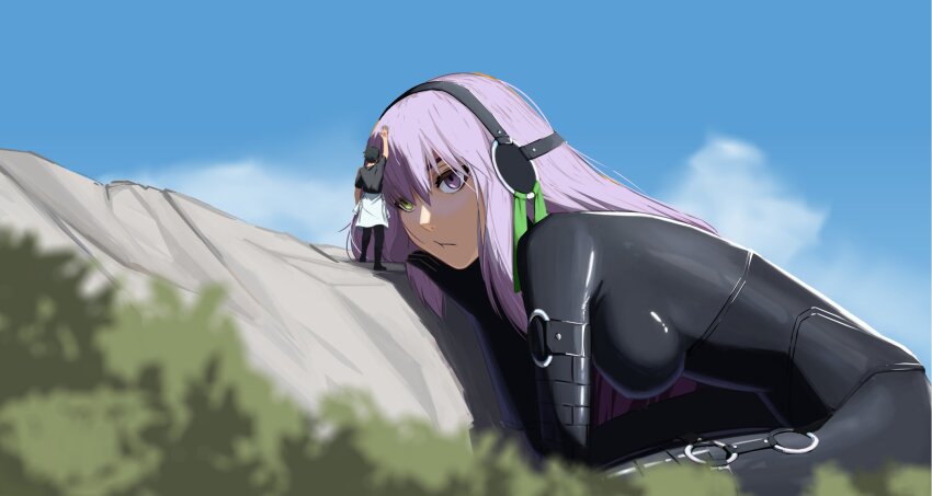 1boy 1girl alternate_form black_bodysuit bodysuit breasts fate/grand_order fate_(series) forest fujimaru_ritsuka_(male) giant giantess green_ribbon head_on_hand highres kingprotea_(fate) long_hair looking_at_another mountain nature paperpillar purple_hair ribbon sideboob sky