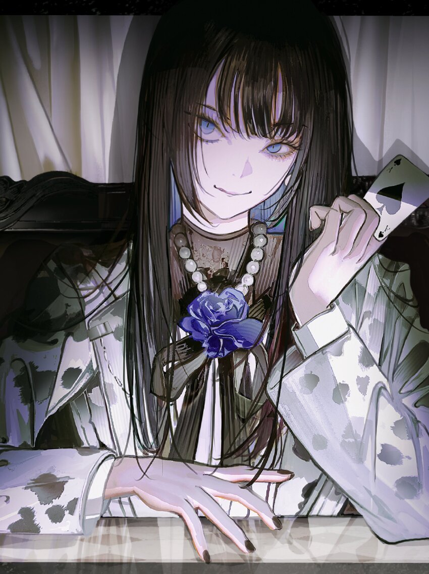 1girl absurdres ado_(utaite) bead_necklace beads bilingual_commentary black_hair black_nails black_ribbon blue_eyes blue_flower blue_hair blue_rose card chando_(ado) closed_mouth colored_inner_hair commentary_request flower flower_brooch highres holding holding_card jacket jewelry john_kafka korean_commentary long_hair long_sleeves looking_at_viewer mixed-language_commentary multicolored_hair nail_polish neck_ribbon necklace official_art ribbon rose sitting solo utaite white_jacket