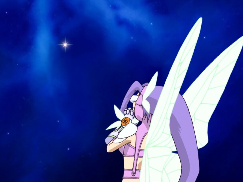 anime_screenshot digimon digimon_(creature) digimon_frontier fairimon gloves head_wings long_hair mask wings