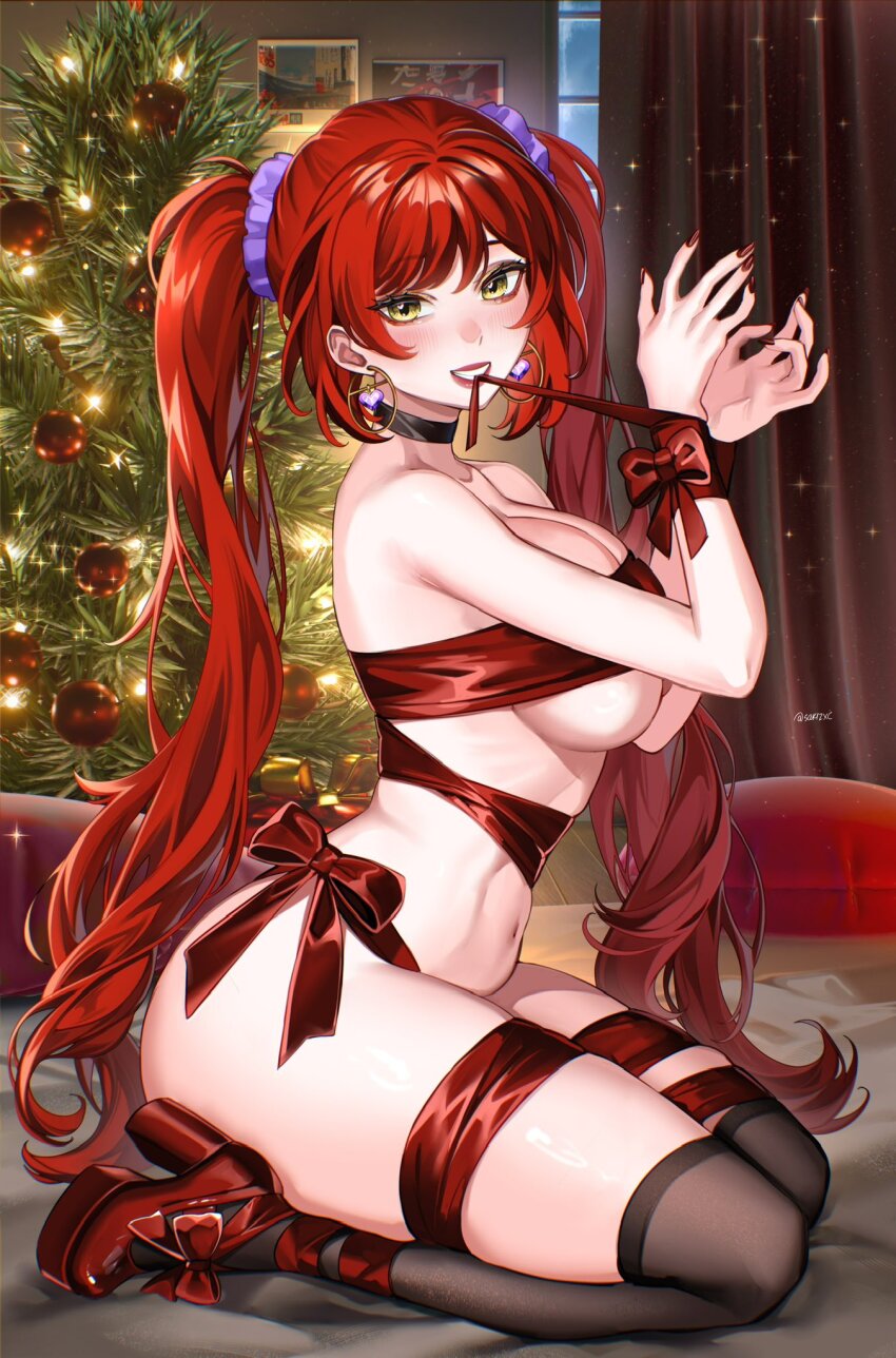 1girl black_choker black_thighhighs blush bound bound_torso bound_wrists breasts choker christmas christmas_tree earrings elle_(vtuber) from_side heart-shaped_gem high_heels highres hoop_earrings indie_virtual_youtuber indoors jewelry large_breasts long_hair looking_at_viewer mouth_hold naked_ribbon navel red_hair red_nails ribbon ribbon_bondage sakichka solo thighhighs twintails virtual_youtuber yellow_eyes