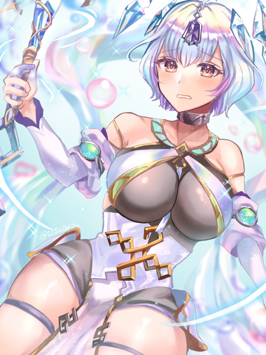 1girl bare_shoulders blurry blurry_background breasts bubble choker fire_emblem fire_emblem_heroes halterneck highres large_breasts nintendo pelvic_curtain seidr_(fire_emblem) shawl short_hair solo thigh_strap thighs watermark youhei_choregi