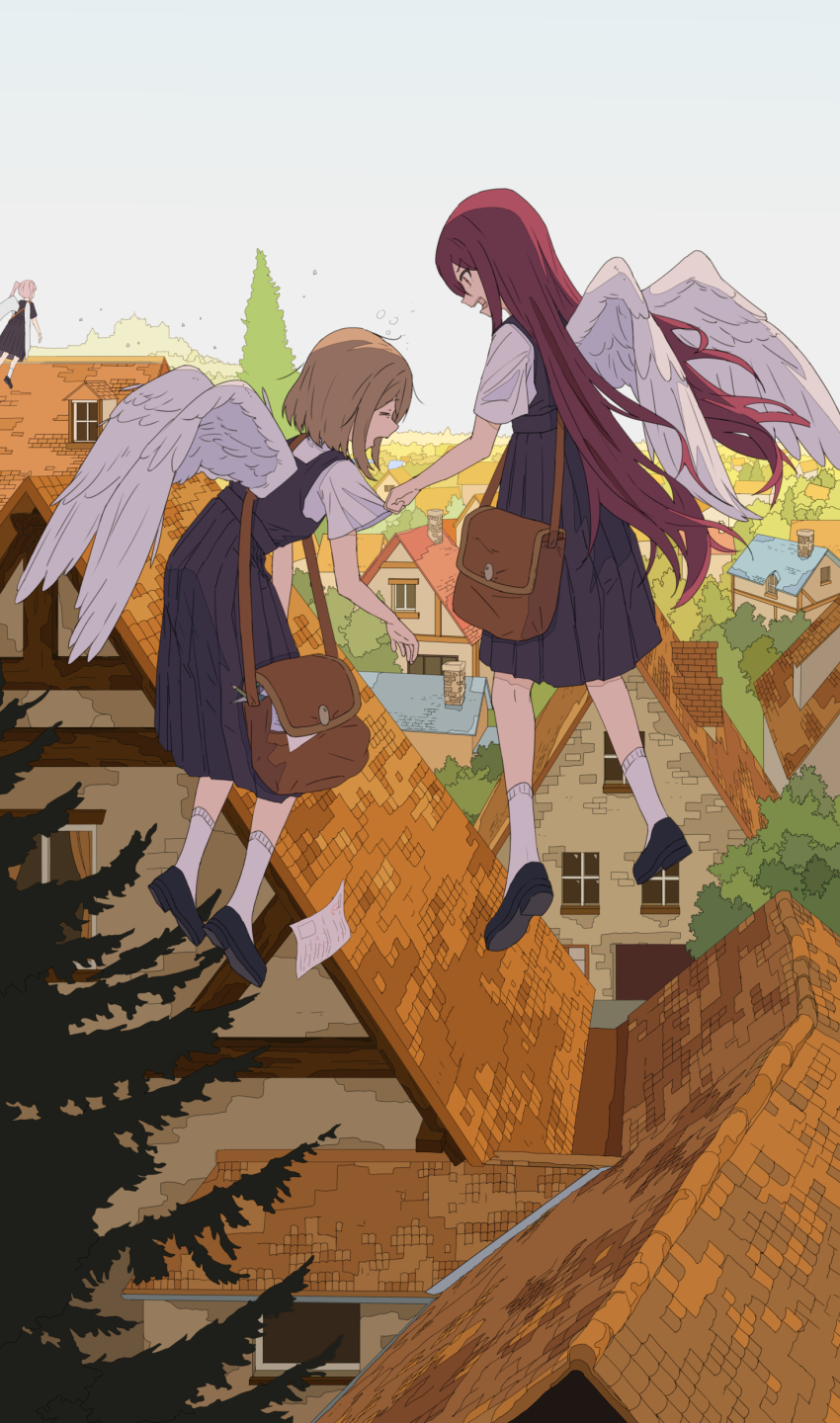 3girls absurdres angel_wings brown_hair closed_eyes dress feathered_wings flying full_body highres house long_hair mailbag medium_hair multiple_girls original pink_hair pleated_dress red_eyes red_hair rooftop shoes short_sleeves socks town tree twintails wings yu_yin