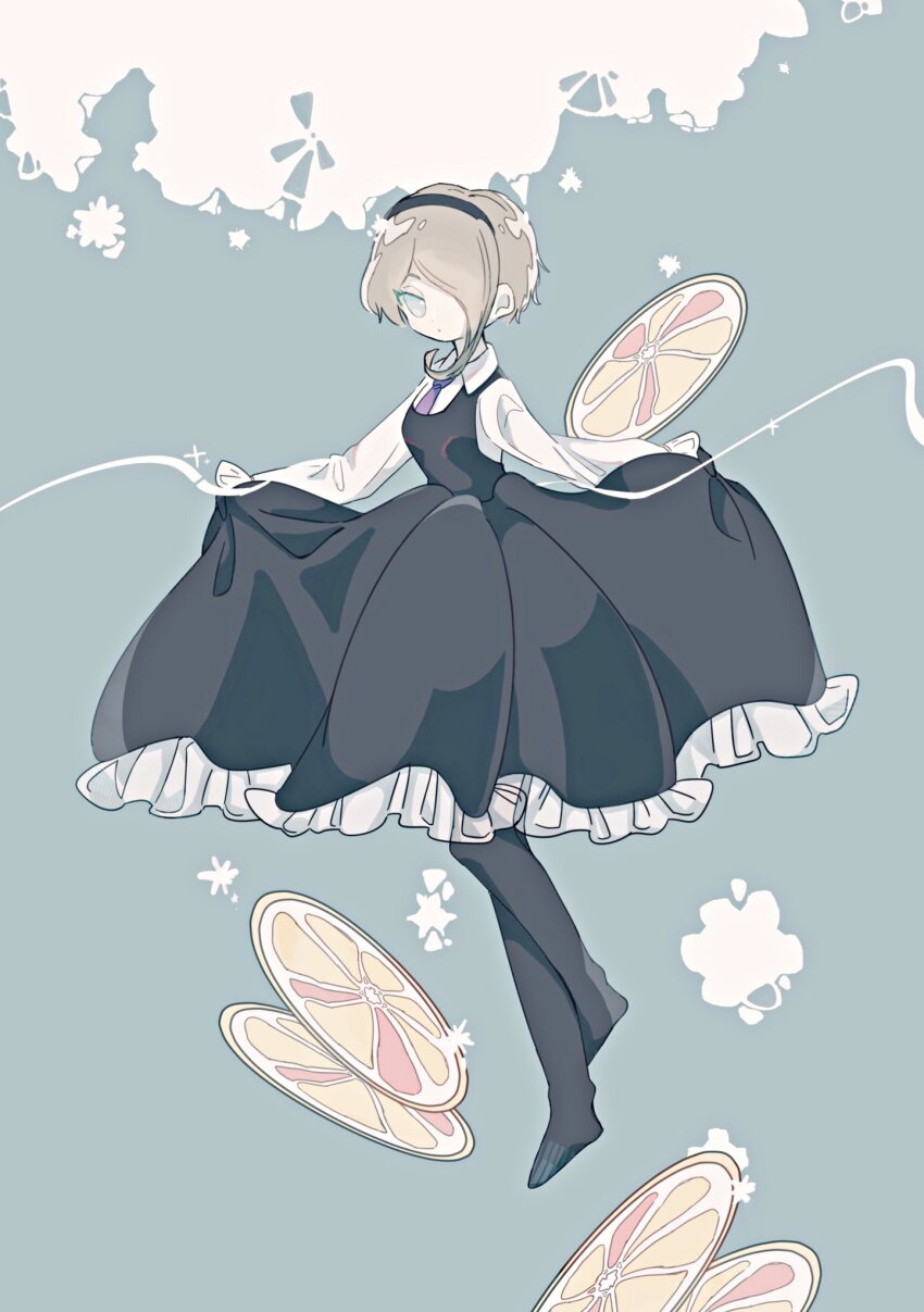 1girl :o black_dress black_gloves black_hairband black_pantyhose blonde_hair blue_background collared_shirt commentary curtsey danganronpa_(series) danganronpa_v3:_killing_harmony dress floating food frilled_dress frilled_sleeves frills fruit full_body gloves green_eyes hair_over_one_eye hairband hashtag-only_commentary highres kara_aren lemon lemon_slice long_dress long_sleeves looking_at_viewer necktie no_shoes pantyhose parted_lips pinafore_dress purple_necktie shirt short_hair skirt_hold sleeveless sleeveless_dress sleeves_past_wrists solo tojo_kirumi white_shirt