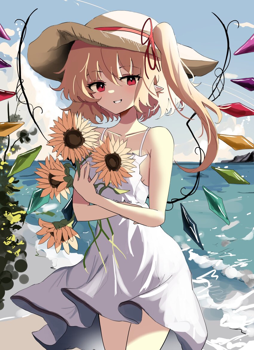 1girl absurdres alternate_costume bare_shoulders blonde_hair blue_sky breasts brown_hat cloud collarbone commentary cowboy_shot day dress english_commentary flandre_scarlet flower grin hat hat_ribbon highres holding holding_flower long_hair medium_breasts ocean ougiikun outdoors pointy_ears red_eyes red_ribbon ribbon sideboob sky sleeveless sleeveless_dress smile solo spaghetti_strap sundress sunflower touhou water white_dress wings