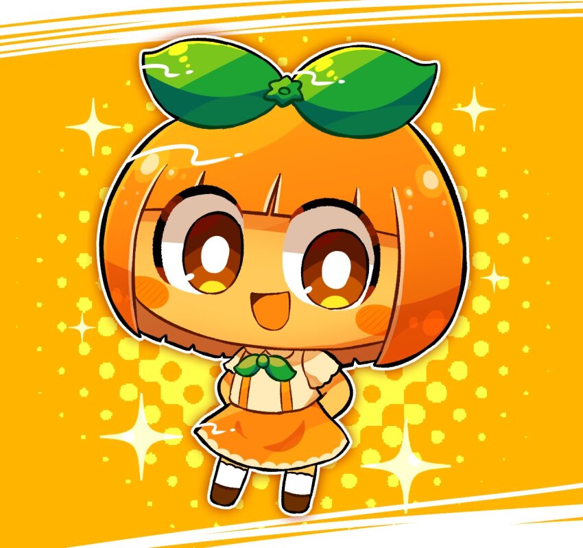 1girl :d arms_behind_back blunt_bangs blunt_ends blush_stickers bow bright_pupils brown_eyes brown_footwear chibi chibi_only collared_shirt colored_skin commentary_request full_body green_bow hair_bow highres legs_apart open_mouth orange_background orange_hair orange_shirt orange_skin orange_skirt original outline pepoyo shirt short_hair short_sleeves simple_background skirt smile socks solo sparkle standing suspender_skirt suspenders white_outline white_pupils white_socks