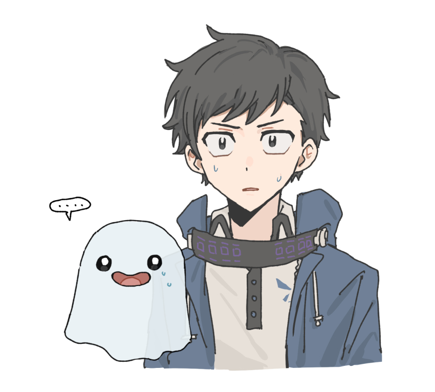 amasawa_keisuke black_eyes black_hair digimon digimon_story:_cyber_sleuth digimon_story:_cyber_sleuth_hacker&#039;s_memory highres poyomon short_hair sweat