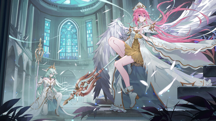 2girls angel_wings boots breasts cape dress feathered_wings feathers full_body green_hair hat high_heels highres holding holding_staff holding_weapon indoors long_hair looking_at_viewer multiple_girls on_one_knee original pink_hair purple_eyes qiufenghaiming staff stained_glass stairs thighhighs very_long_hair weapon white_cape white_dress white_footwear white_wings window wings