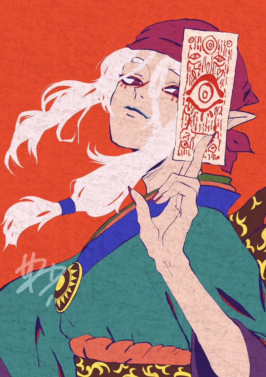 1boy bandana facepaint hair_tie highres japanese_clothes jewelry kimono kusuriuri_(mononoke) long_hair looking_at_viewer makeup male_focus medallion mononoke necklace obi pointy_ears purple_bandana red_background sash simple_background solo sun_symbol sys_ain115 white_hair