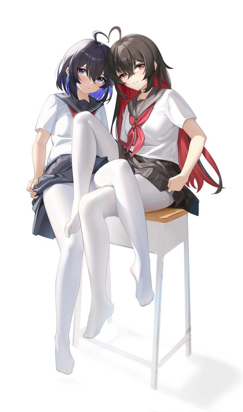 2girls black_hair black_sailor_collar black_skirt blue_eyes blue_hair blush closed_mouth commentary_request desk feet hair_between_eyes heart highres honkai_(series) honkai_impact_3rd legs long_hair multicolored_hair multiple_girls neckerchief no_shoes on_desk pantyhose parted_lips pleated_skirt red_eyes red_hair red_neckerchief sailor_collar school_desk school_uniform seele_(alter_ego) seele_vollerei serafuku shadow shenqi_xiao_hong_zai_nali shirt short_sleeves simple_background sitting on_desk skirt smile toes two-tone_hair very_long_hair white_background white_pantyhose white_shirt