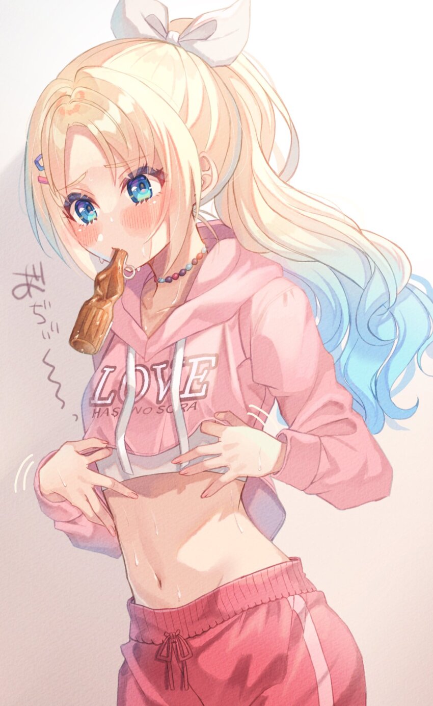 1girl blonde_hair blue_eyes blue_hair blush bow clothes_writing collarbone commentary_request cropped_hoodie don_quijote_(store) fang gradient_hair hair_bow high_ponytail highres hood hoodie hot light_blue_hair link!_like!_love_live! long_hair love_live! midriff mouth_hold multicolored_hair navel official_alternate_costume osawa_rurino pants parted_bangs pink_hoodie ponytail red_pants shimada_(smd_dms) skin_fang solo sports_bra sweat tupet upper_body virtual_youtuber white_bow white_sports_bra