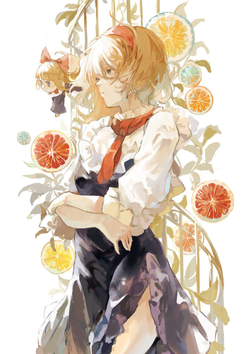 1girl absurdres alice_margatroid arms_under_breasts black_dress blonde_hair blue_eyes doll dress expressionless food frilled_sleeves frills fruit fur_collar hair_between_eyes highres long_sleeves medium_hair neckerchief orange_(fruit) parted_lips red_neckerchief sawararado shanghai_doll side_slit simple_background solo_focus spiral_staircase stairs standing touhou white_background