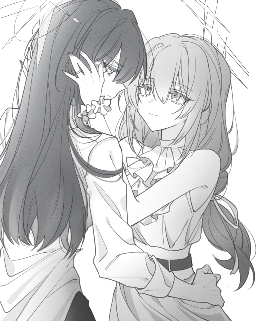 2girls absurdres arikalovesyou2 atsuko_(blue_archive) bare_arms blue_archive closed_mouth collared_shirt commentary_request dress greyscale halo hand_on_another&#039;s_face hand_on_another&#039;s_head highres jewelry long_hair looking_at_another low-tied_long_hair monochrome multiple_girls ring saori_(blue_archive) shirt sleeveless sleeveless_dress smile wedding_ring wife_and_wife yuri