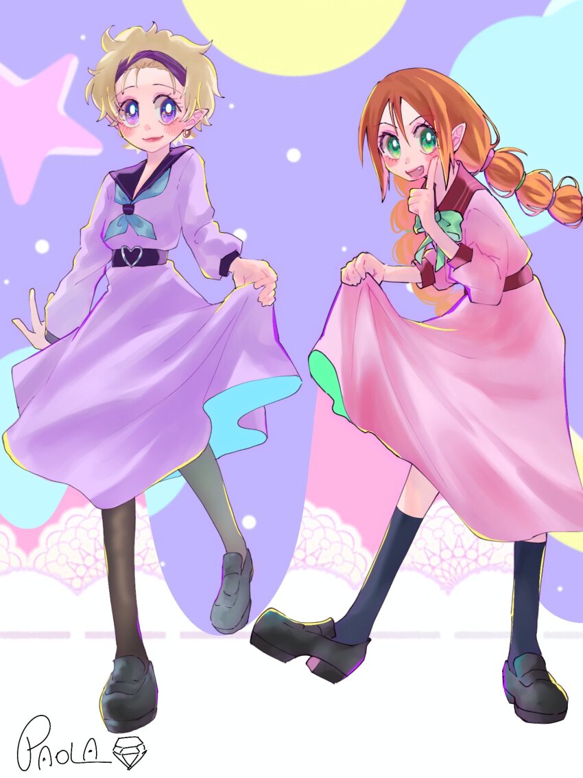 2girls belt black_pantyhose black_socks blonde_hair blush chocolat_meilleure commentary dress earrings eri_mykyara full_body green_eyes hair_between_eyes hairband hashtag-only_commentary highres jewelry multiple_girls orange_hair pantyhose pink_dress pointy_ears purple_dress purple_eyes purple_hairband sidelocks skirt_hold socks star_(symbol) sugar_sugar_rune twintails vanilla_mieux