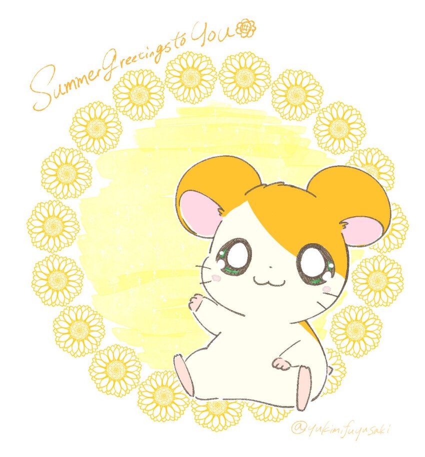 :3 animal animal_focus english_text flower green_eyes hamster hamtaro hamtaro_(series) highres looking_at_viewer no_humans signature sitting smile tail whiskers yukimifuyusaki