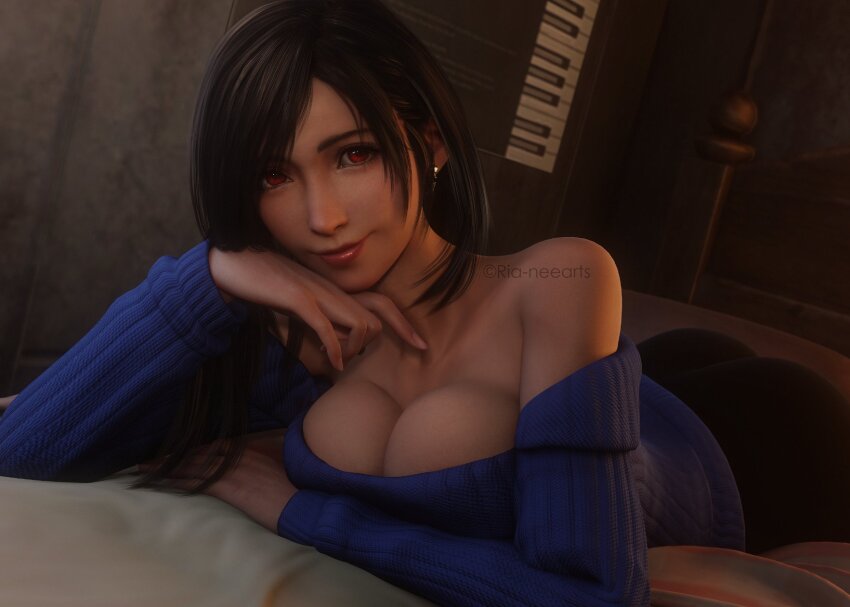 1girl 3d bare_shoulders bedroom black_hair blue_sweater breasts cleavage earrings final_fantasy final_fantasy_vii final_fantasy_vii_remake highres indoors jewelry large_breasts long_hair looking_at_viewer lying off-shoulder_sweater off_shoulder on_bed on_stomach red_eyes red_lips ria-neearts single_earring smile solo square_enix sweater swept_bangs tifa_lockhart