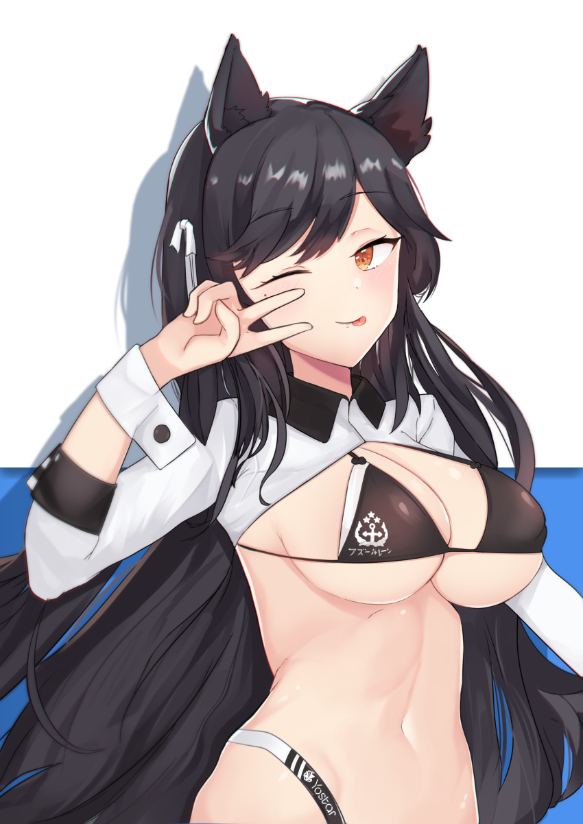 1girl absurdres anguss animal_ears atago_(azur_lane) atago_(stunning_speedster)_(azur_lane) azur_lane bikini black_hair breasts hair_ribbon highleg highleg_bikini highres large_breasts long_hair mole mole_under_eye one_eye_closed race_queen ribbon shrug_(clothing) sleeve_cuffs solo swept_bangs swimsuit tongue tongue_out two-tone_bikini v very_long_hair white_ribbon wrist_cuffs