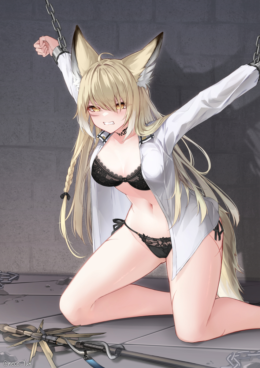 1girl ahoge animal_ear_fluff animal_ears arknights black_bra black_panties blonde_hair bra braid breasts clenched_teeth commentary_request cuffs facial_scar fox_ears fox_girl fox_tail hair_between_eyes highres indoors kneeling long_hair navel neck_tattoo open_clothes open_shirt paid_reward_available panties restrained scar scar_on_cheek scar_on_face scar_on_leg shackles shirt side-tie_panties single_braid solo stomach tail tattoo teeth underwear vulpisfoglia_(arknights) white_shirt yellow_eyes yeosi